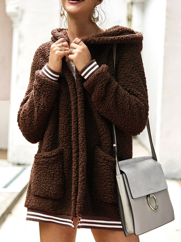 Women's Coat Hooded Warm Fleece Casual Solid Color Coat with Pocket