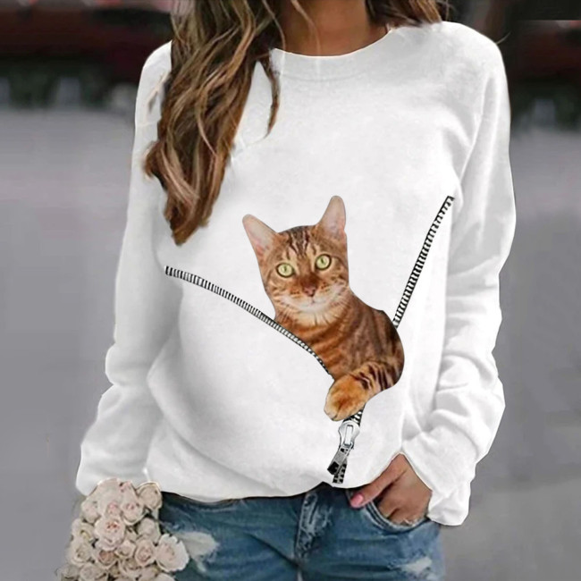Women's Top Cute Cat Print Crew Neck Long Sleeve Casual T-Shirt