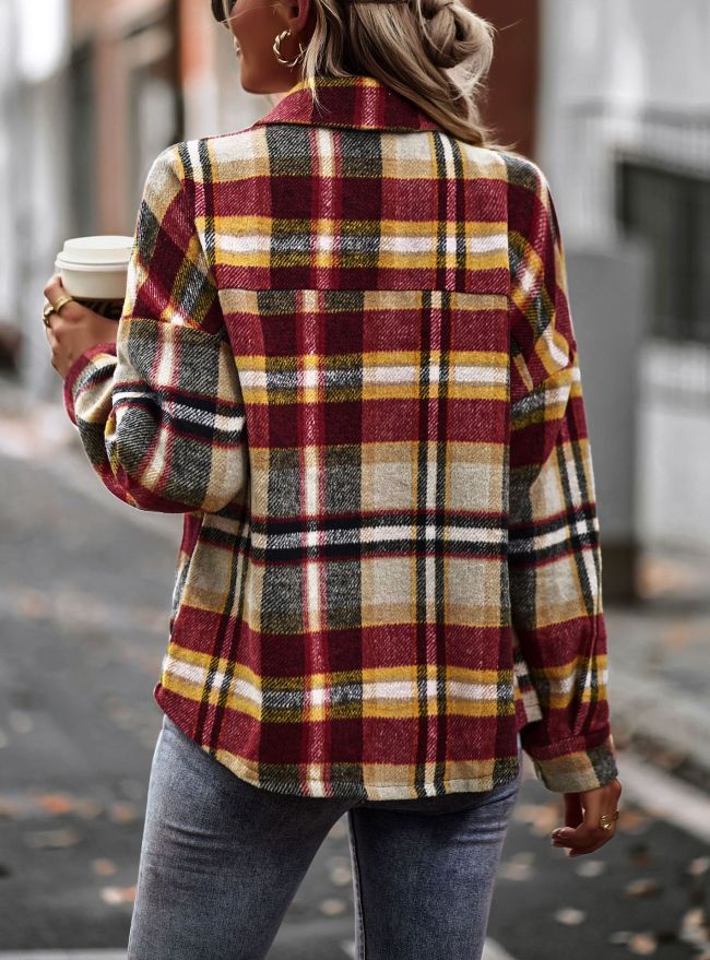 Women's Plaid Shacket Lapel Long Sleeve Thick Plaid Jacket Coat Outwear