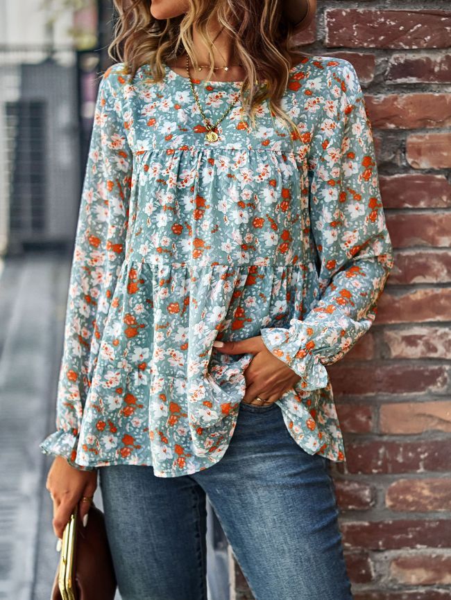 Women's Blouse Chiffon Bohemian Floral Print Crew Neck Long Sleeve Loose Top