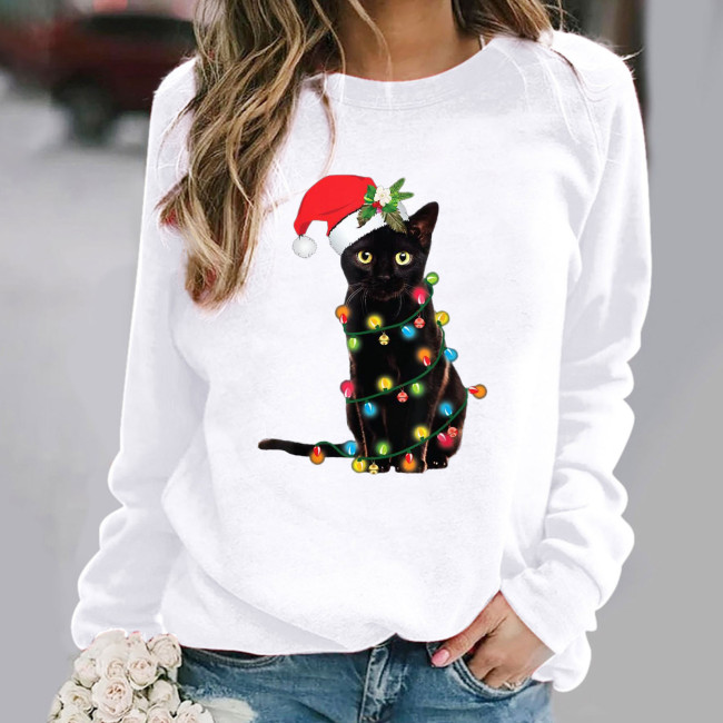 Women's Christmas Top Cute Cat Print Crew Neck Long Sleeve Casual T-Shirt