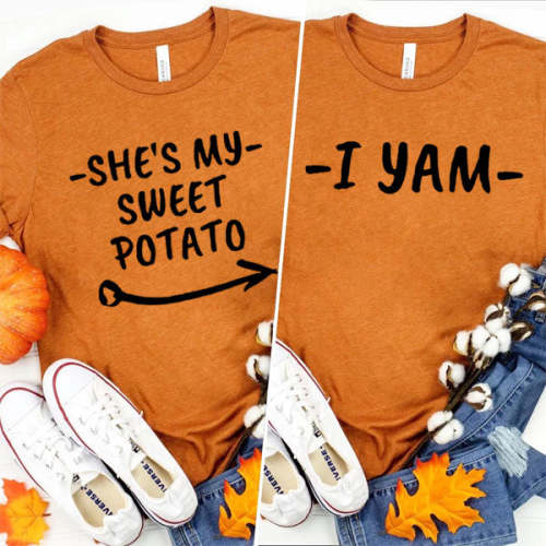 Men & Women Matching Set She's My Sweet Potato I Yam Matching Orange T-shirts