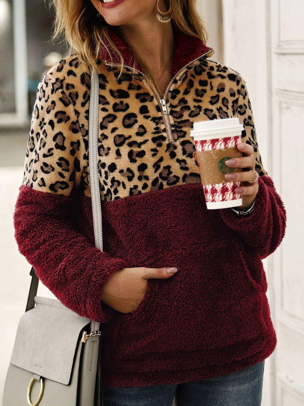 Women's Sweatshirt Leopard Print Half Zipper Stand Collar Soft Fleece Sweatshirt