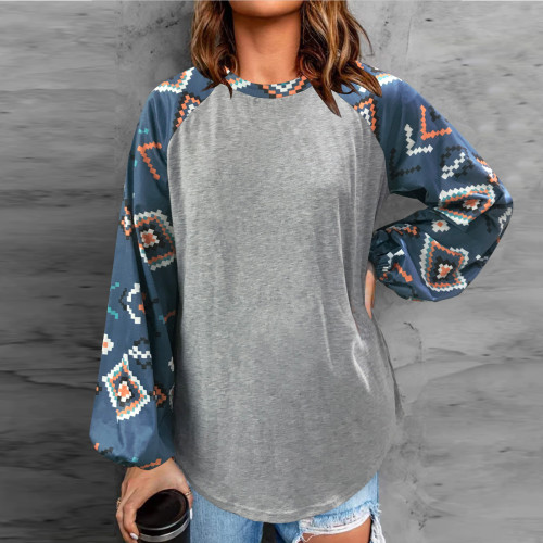 Women's Casual Top AZTEC Long Sleeve Crew Neck Loose Blouse Top