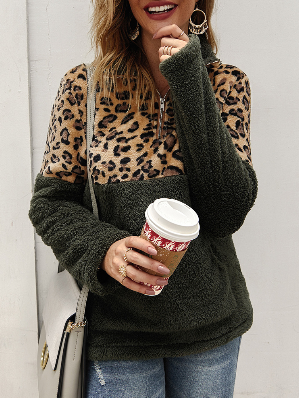 Women's Sweatshirt Leopard Print Half Zipper Stand Collar Soft Fleece Sweatshirt