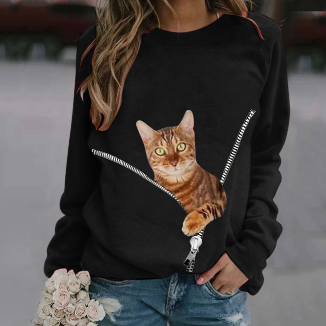 Women's Top Cute Cat Print Crew Neck Long Sleeve Casual T-Shirt