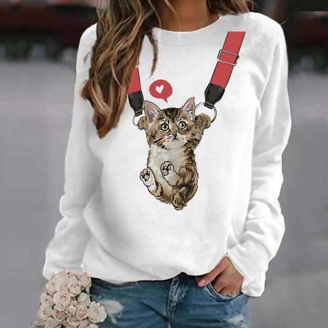Women's Top Cute Cat Print Crew Neck Long Sleeve T-Shirt