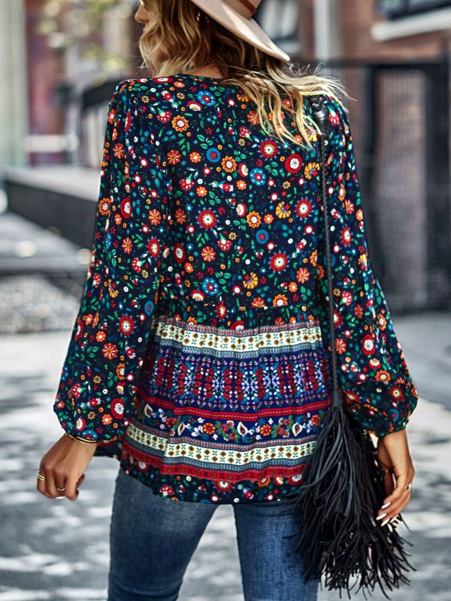 Womens Blouse Bohemian Floral Print V-Neck Long Sleeve Loose Top Boho Shirts
