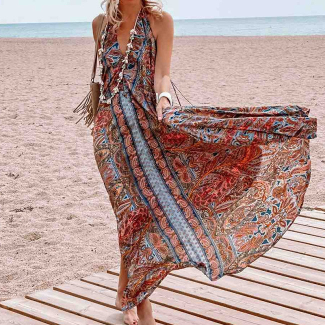 Women's Bohemian Dress Floral Printed Halterneck V-neck Boho Maxi Backless Beach Dress