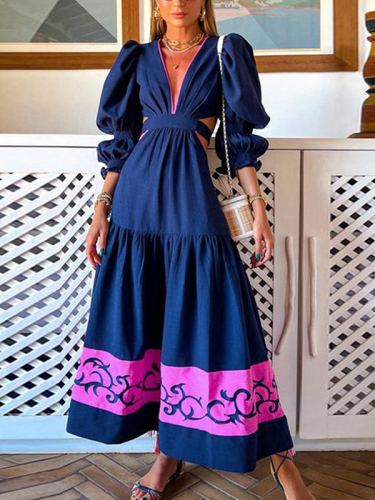 Women's Maxi Dress V-Neck Puff Sleeve Big Swing Floral Holiday Dress