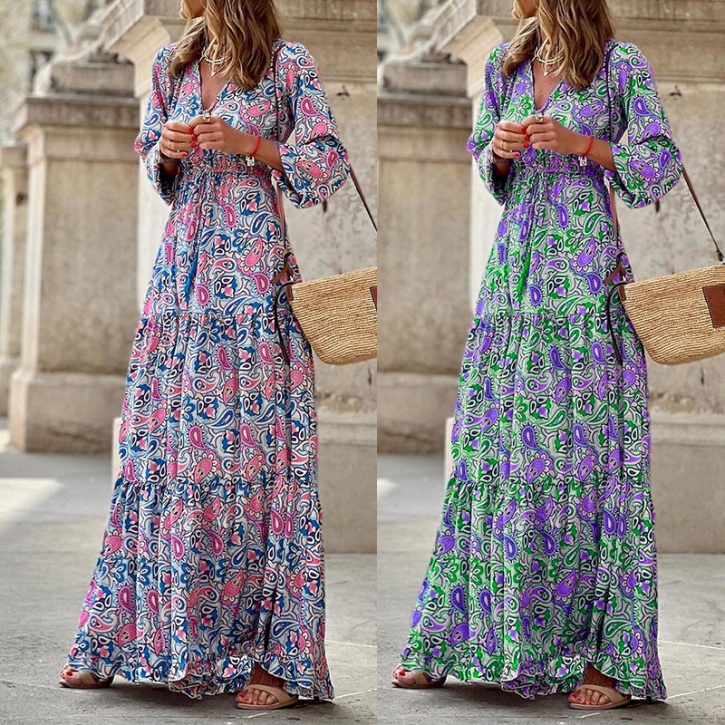 US 26.57 Women's Bohemian Dress V Neck Long Sleeve Floral Print Long