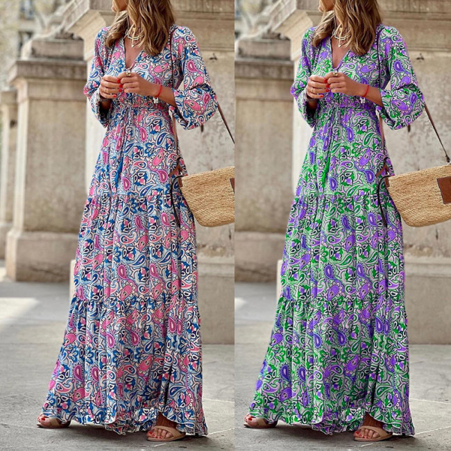 Women's Bohemian Dress V Neck Long Sleeve Floral Print Long Maxi Boho Dress
