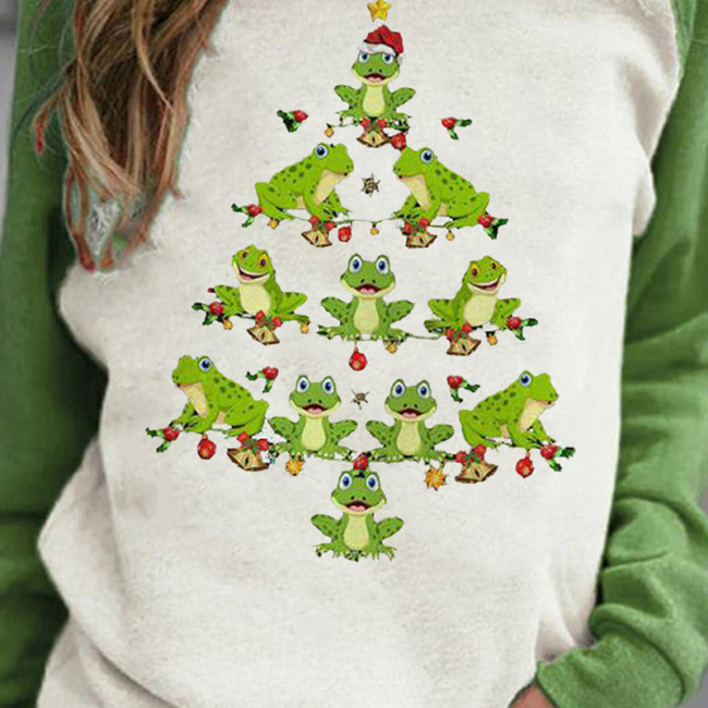 Women's Christmas T-Shirt Frog Christmas Tree Print Crew Neck Long Sleeve Top