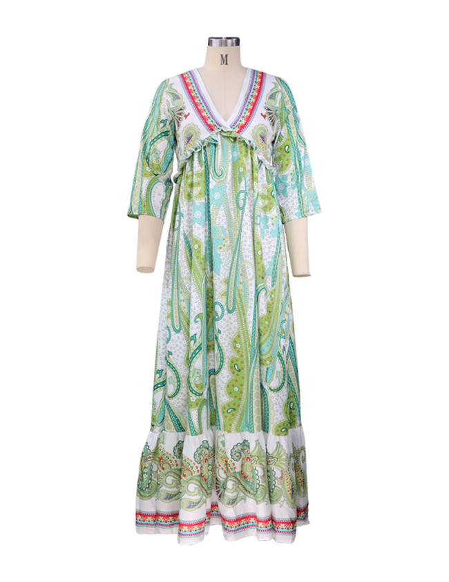Women's Bohemian Dress V-Neck Half Sleeve Big Swing Floral Maxi Dress