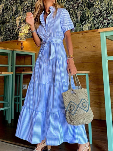 Women's Casual Dress Striped Lapel Short Sleeve Long Maxi Dress