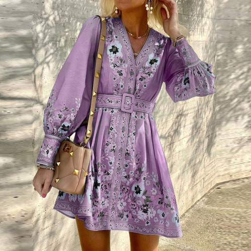 Women's Bohemian Dress V-Neck Floral Print Puff Sleeve Mini Boho Dress