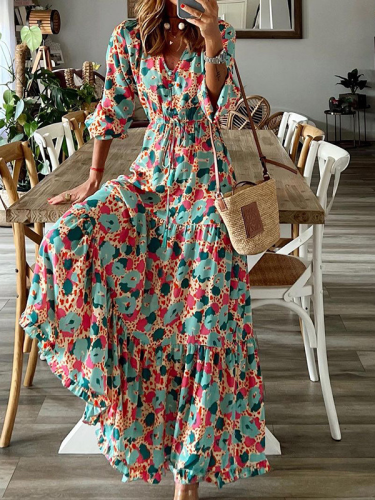 Womem's Floral Dress V-Neck Long Sleeve A-Line Swing Maxi Boho Dress