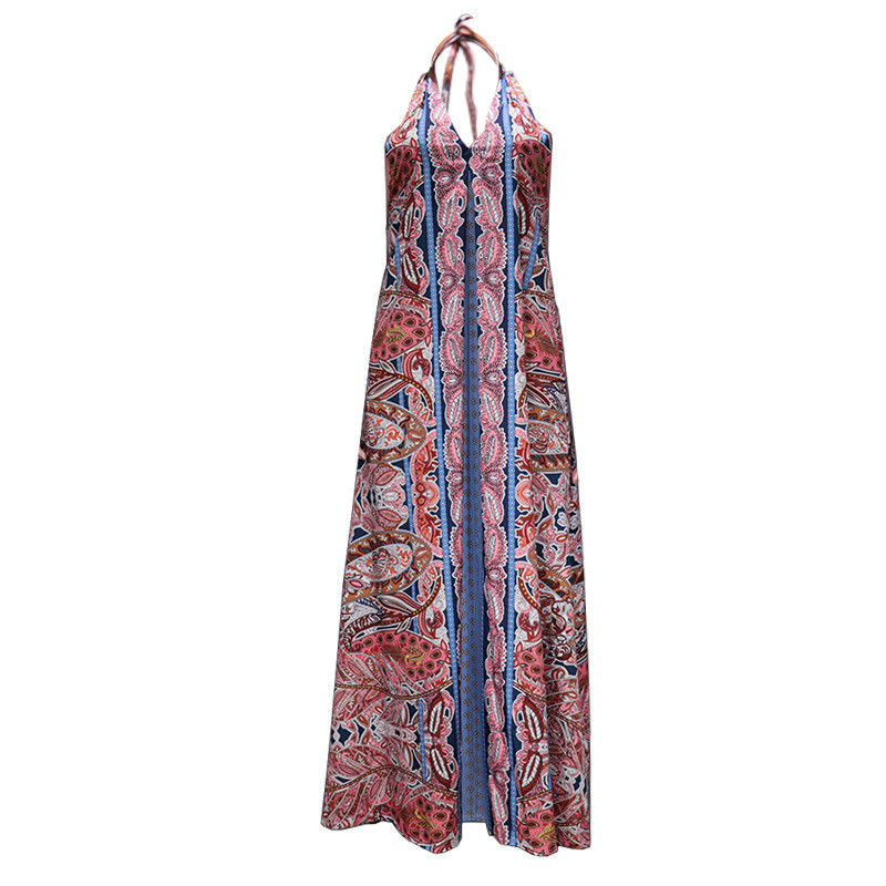 US 32.67 Women's Bohemian Dress Floral Printed Halterneck Vneck