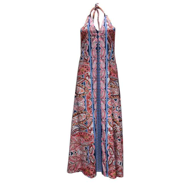 Women's Bohemian Dress Floral Printed Halterneck V-neck Boho Maxi Backless Beach Dress