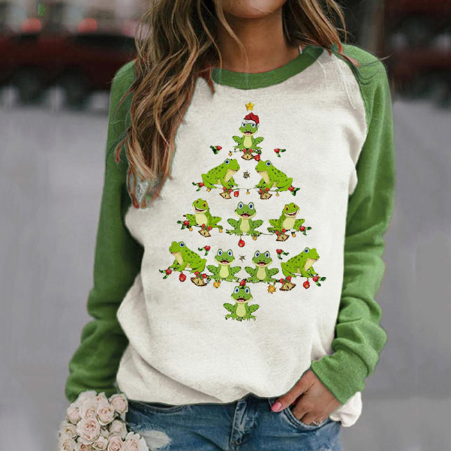 Women's Christmas T-Shirt Frog Christmas Tree Print Crew Neck Long Sleeve Top