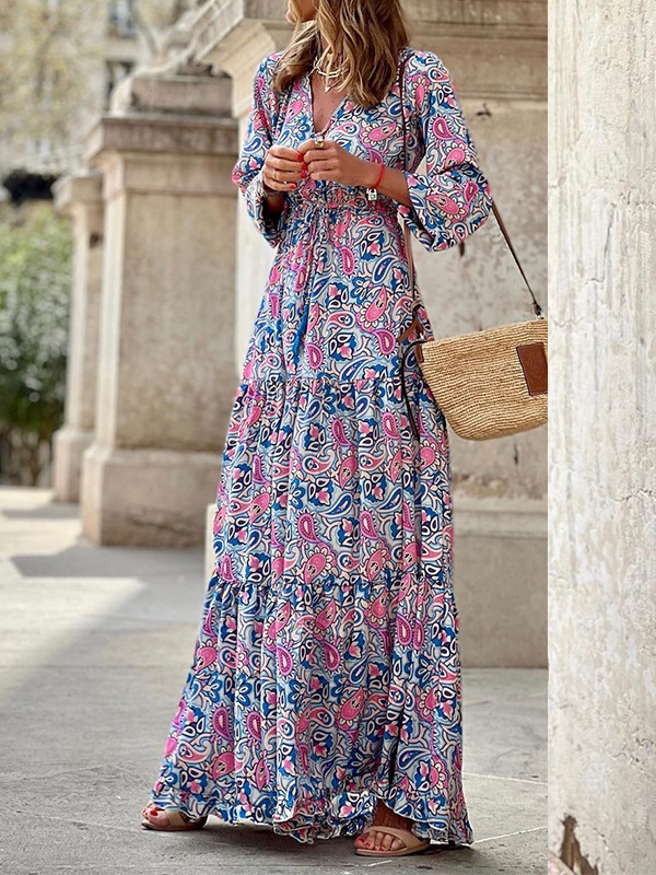 US$ 26.57 - Women's Bohemian Dress V Neck Long Sleeve Floral Print Long ...