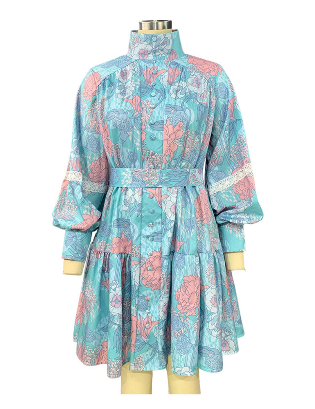 Women's Bohomian Dress Stand Collar Long Puff Sleeves Big Swing Boho Mini Dress