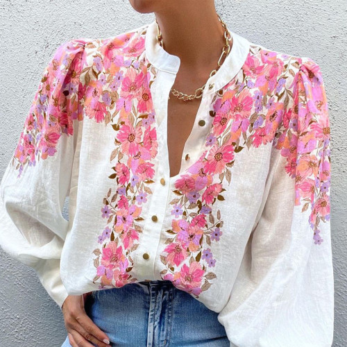 Women's Cotton Linen Shirt Stand Collar Floral Print  Loose Puff Long Sleee Blouse