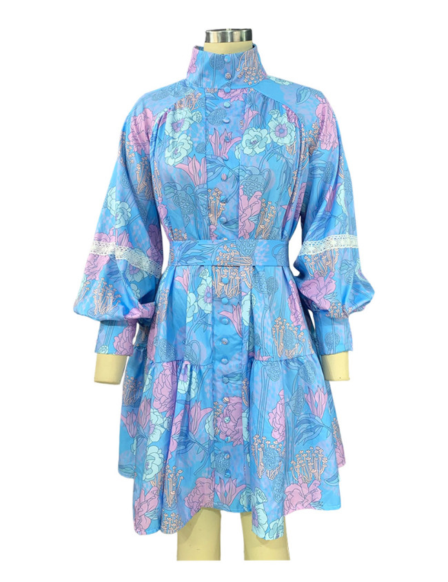Women's Bohomian Dress Stand Collar Long Puff Sleeves Big Swing Boho Mini Dress