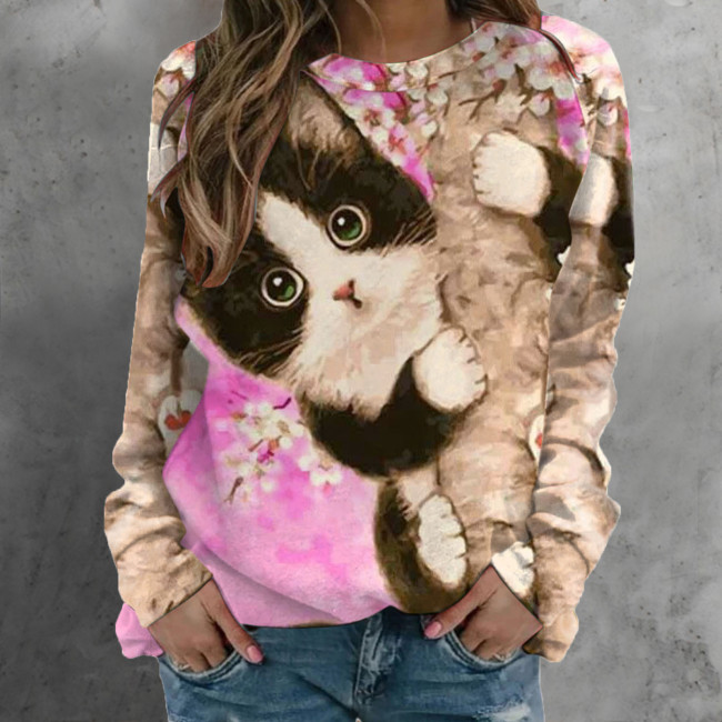 Women's Casual Top Cute Cat Print Crew Neck Long Sleeve T-Shirt
