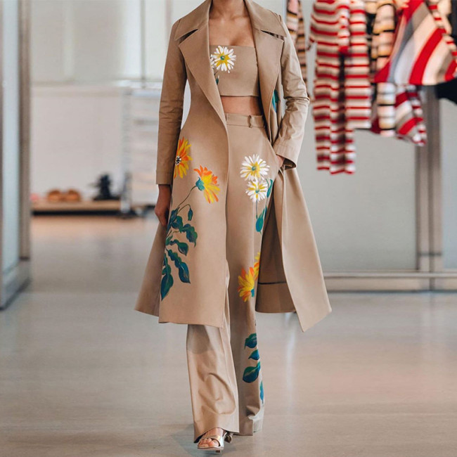 Women's Set Casual Floral Print Trench Coat, Crop Tank and Wide Leg Pants Three Piece Suit
