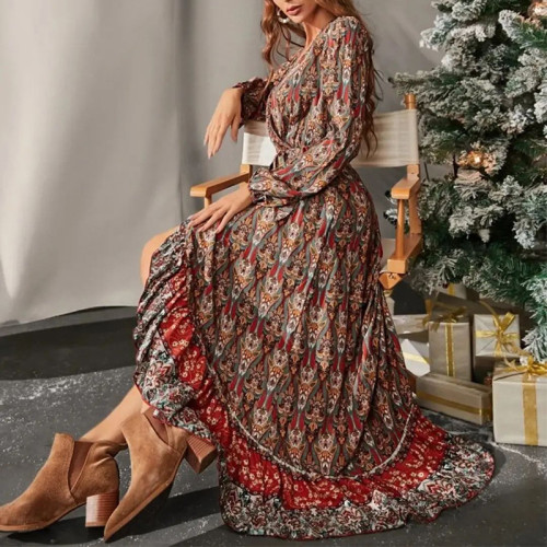 Women's Bohemian Dress V-Neck Long Sleeve Big Swing Floral Maxi Dress