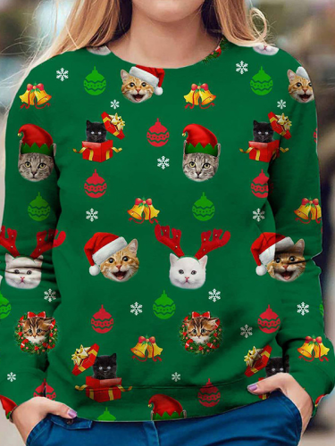 Women's Christmas T-Shirt Cute Christmas Icon Print Crew Neck Long Sleeve Casual Top