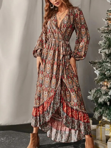 Women's Bohemian Dress V-Neck Long Sleeve Big Swing Floral Maxi Dress