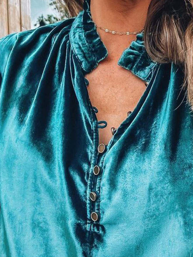 Women's Shirts Frilled Neck Quarter Button Velvet Top