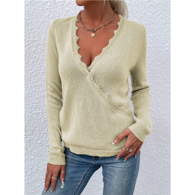 Women's Lace V-Neck Knitted Pullover Sweater Top Solid Color Sweater