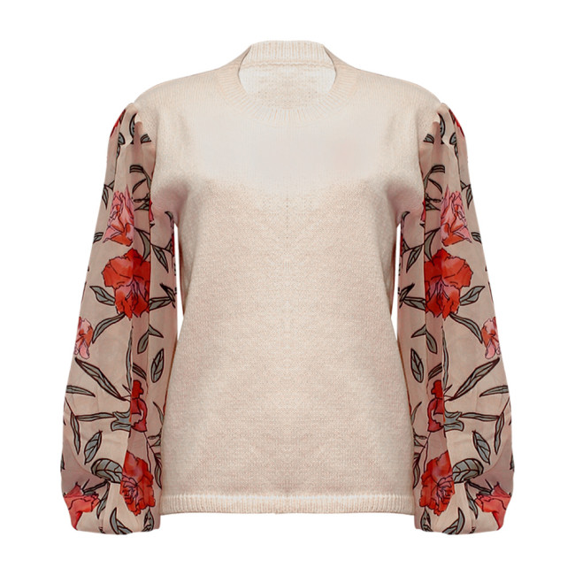 Women's Sweater Top Floral Printed Lantern Long Sleeve Casual Top