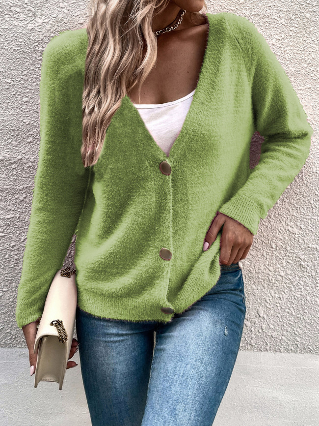 Women's Solid Color Sweater Cardigan Loose V-Neck Knitted Sweater