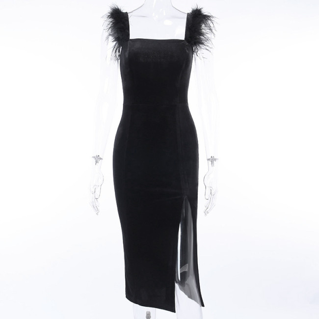 Women's Velvet Dress Sexy Backless Slit Ladies Party Dress with Hairy Design