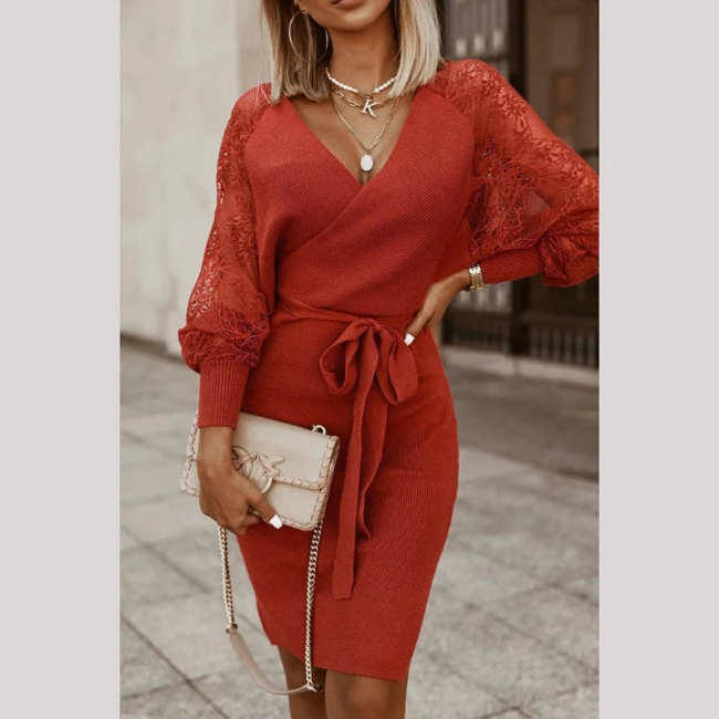 Women's Fall Knitted Dress V-Neck Lace Sleeve Elegant Party Dress