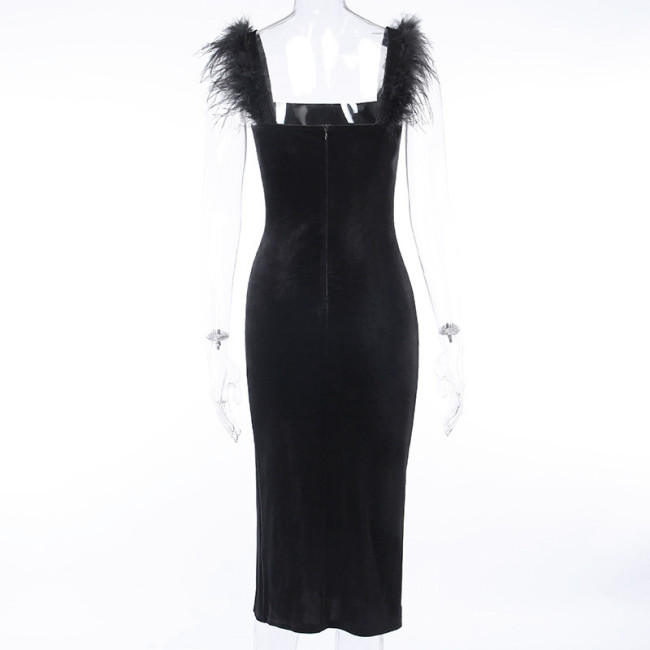 Women's Velvet Dress Sexy Backless Slit Ladies Party Dress with Hairy Design