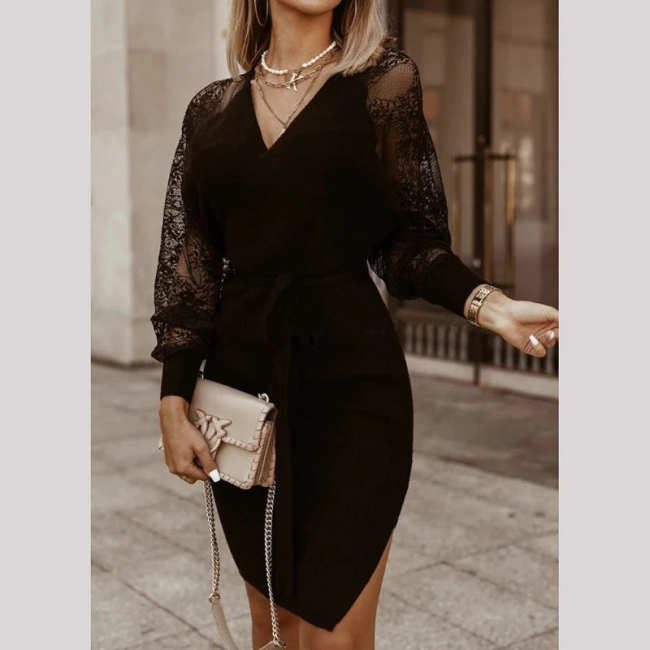 Women's Fall Knitted Dress V-Neck Lace Sleeve Elegant Party Dress