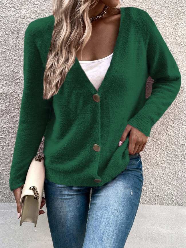 Women's Solid Color Sweater Cardigan Loose V-Neck Knitted Sweater