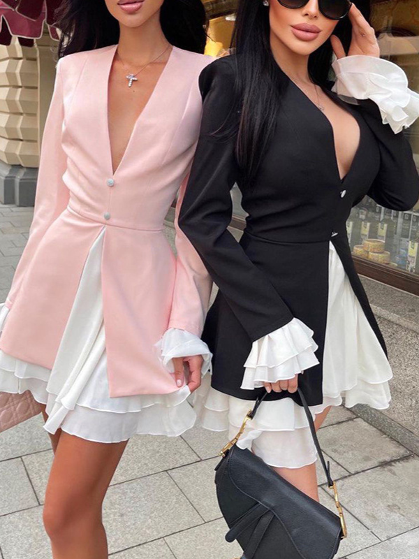 Fake Two Piece Ruffle Dress Women Casual Solid Color Party Dress Ladies Sexy V Neck Long Sleeve A Line