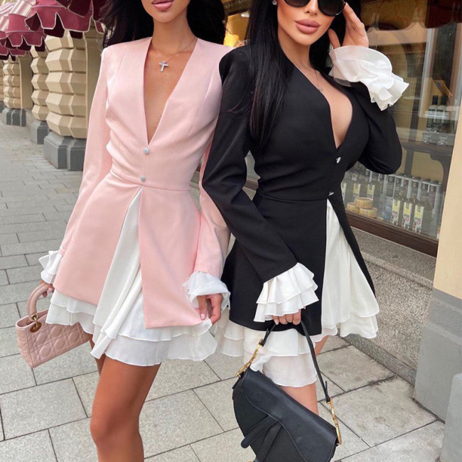 Fake Two Piece Ruffle Dress Women Casual Solid Color Party Dress Ladies Sexy V Neck Long Sleeve A Line