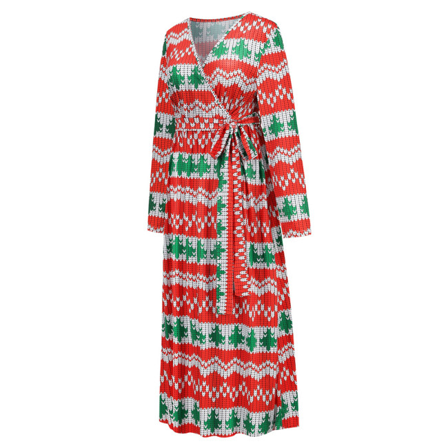 Women's Christmas Dress Full Print V-Neck Long Sleeve Lightweight Maxi Dress Party Dress