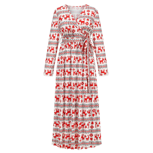 Women's Christmas Dress Full Print V-Neck Long Sleeve Lightweight Maxi Dress Party Dress