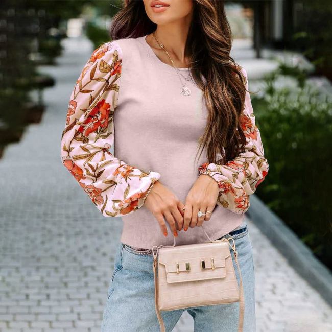 Women's Sweater Top Floral Printed Lantern Long Sleeve Casual Top