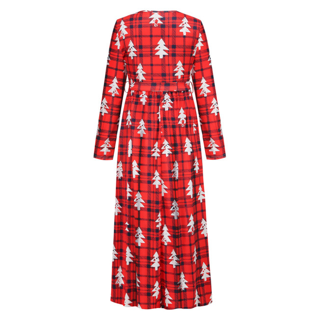 Women's Christmas Dress Full Print V-Neck Long Sleeve Lightweight Maxi Dress