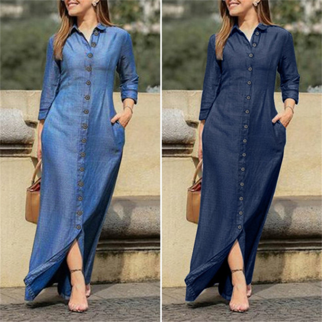 Women's Denim Dress Lapel Single Breasted Long Sleeve Long Maxi Dress