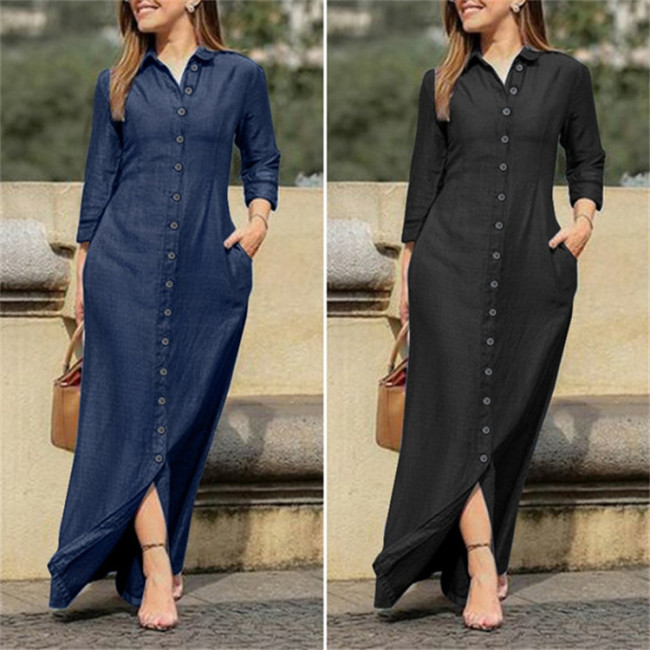 Women's Denim Dress Lapel Single Breasted Long Sleeve Long Maxi Dress